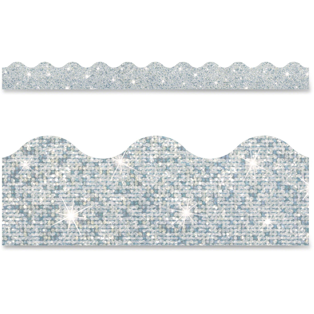 Trend Silver Terrific Trimmers Sparkle - Fun, Learning Theme/Subject - Skill Learning: Color - Rectangle Topped With Waves Shape - Pin-up - Layer patterns - Durable, Reusable, Precut - 2.25" Width x 390" Length - Silver - Paper - 1 Each