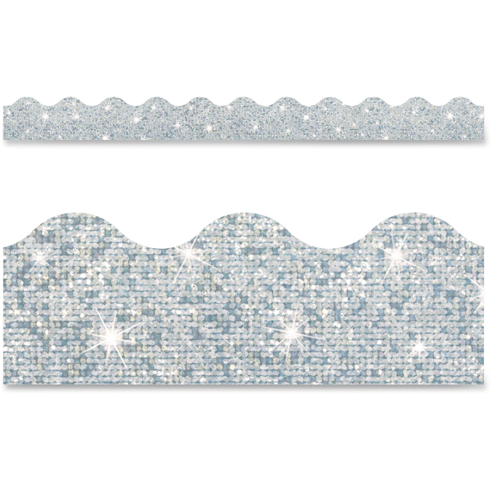 Trend Silver Terrific Trimmers Sparkle - Fun, Learning Theme/Subject - Skill Learning: Color - Rectangle Topped With Waves Shape - Pin-up - Layer patterns - Durable, Reusable, Precut - 2.25" Width x 390" Length - Silver - Paper - 1 Each
