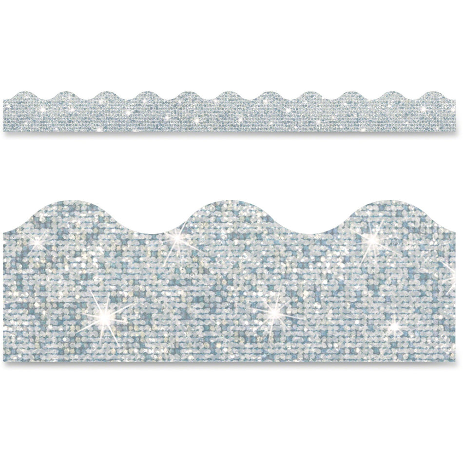 Trend Silver Terrific Trimmers Sparkle - Fun, Learning Theme/Subject - Skill Learning: Color - Rectangle Topped With Waves Shape - Pin-up - Layer patterns - Durable, Reusable, Precut - 2.25" Width x 390" Length - Silver - Paper - 1 Each