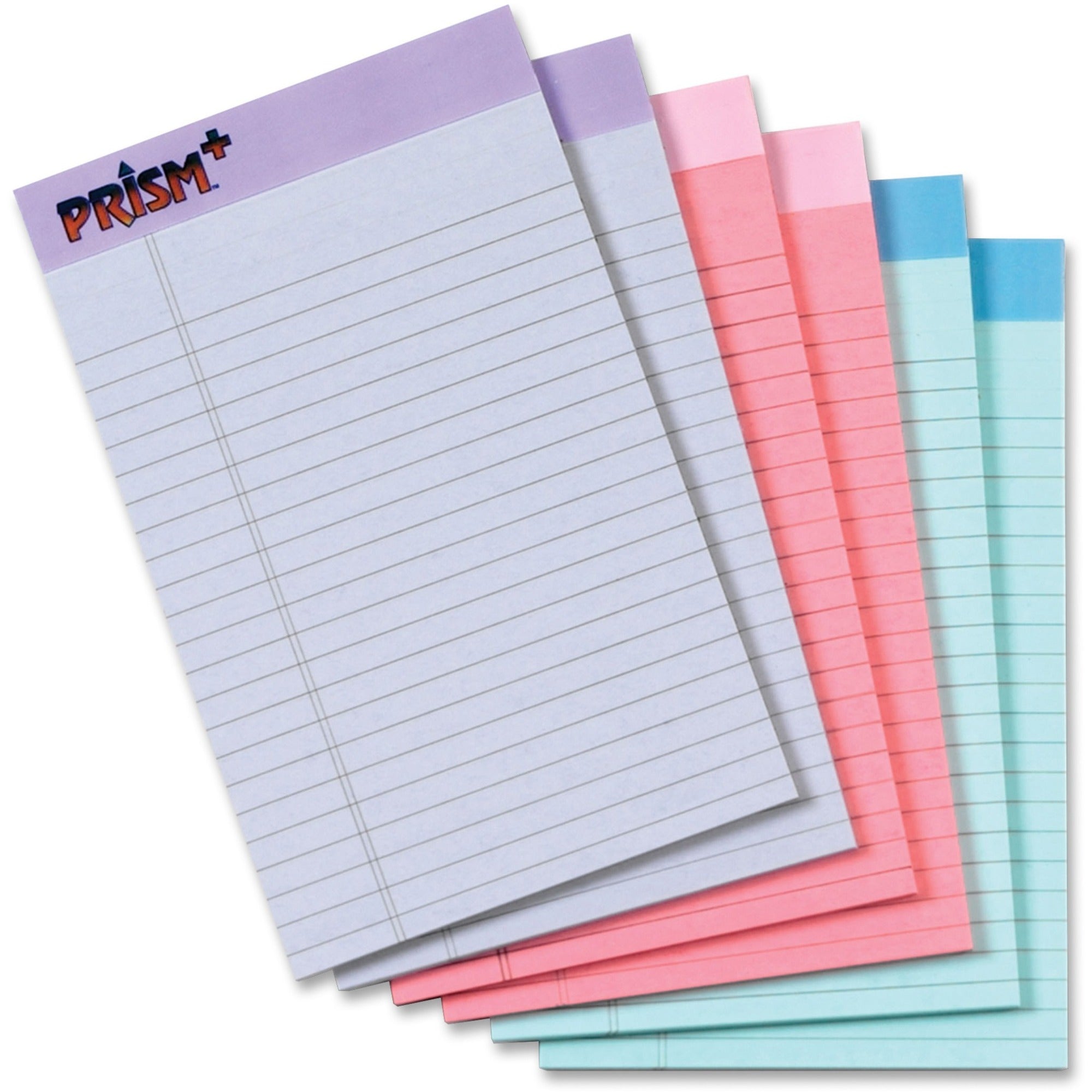 TOPS Prism Plus Legal Pads - Jr.Legal - 50 Sheets - 0.28" Ruled - 16 lb Basis Weight - Jr.Legal - 5" x 8" Sheet Size - Assorted Paper - Perforated, Hard Cover, Rigid, Easy Tear - 6 / Pack