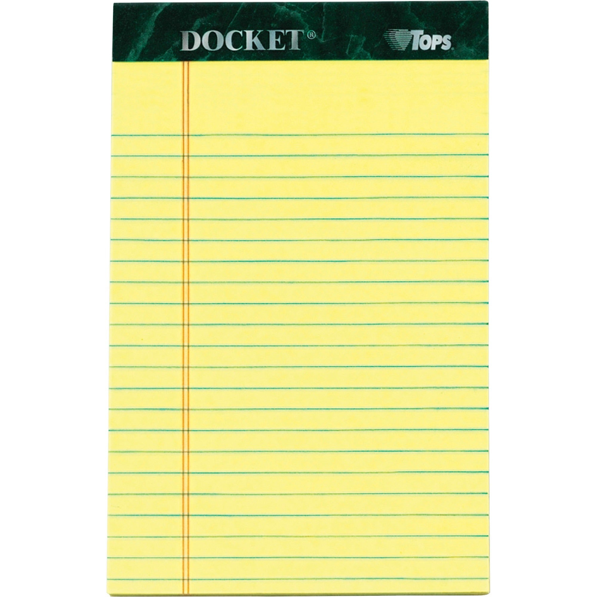 TOPS Jr. Legal Rule Docket Writing Pads - 50 Sheets - Double Stitched - 0.28" Ruled - 16 lb Basis Weight - Jr.Legal - 5" x 8" Sheet Size - Canary Paper - Hard Cover, Perforated, Easy Tear, Sturdy Back, Resist Bleed-through - 12 / Pack
