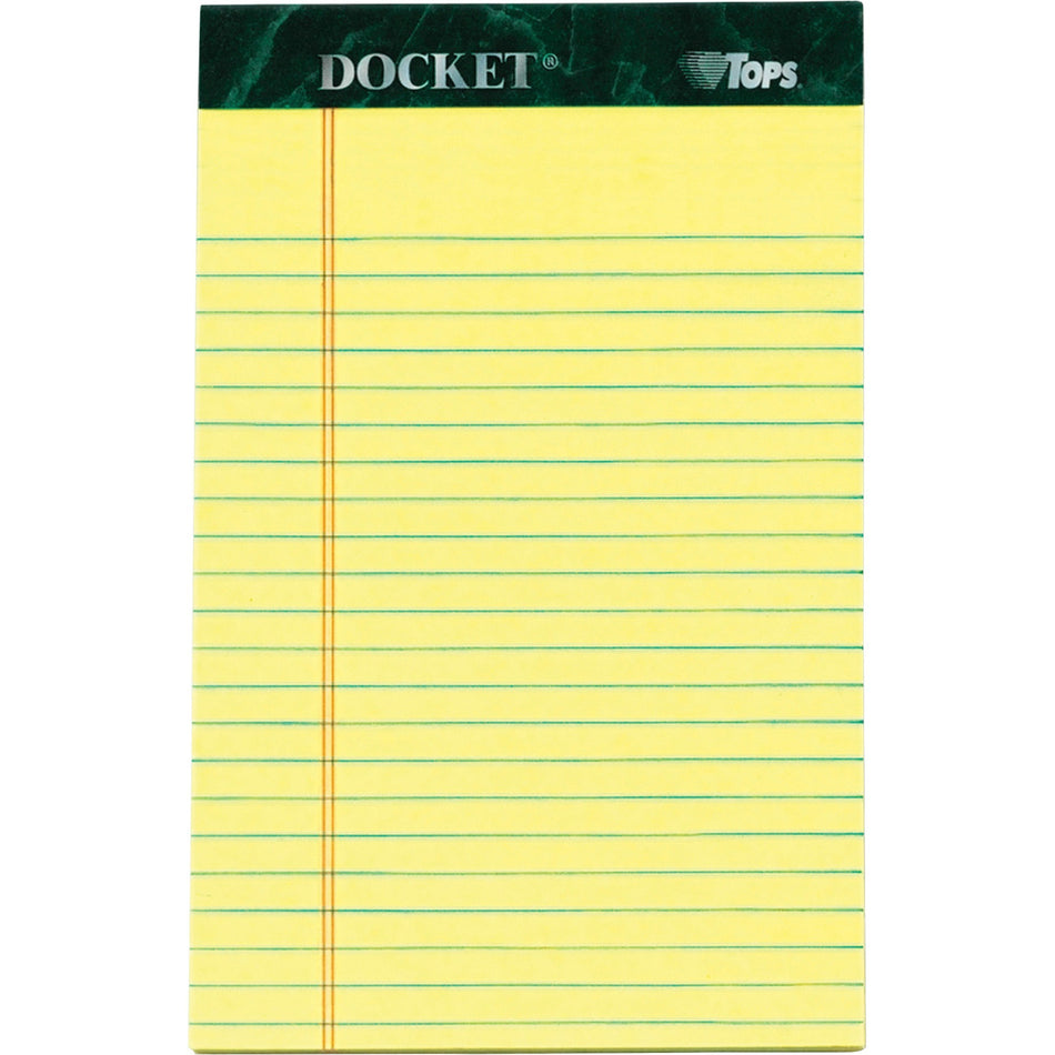 TOPS Jr. Legal Rule Docket Writing Pads - 50 Sheets - Double Stitched - 0.28" Ruled - 16 lb Basis Weight - Jr.Legal - 5" x 8" Sheet Size - Canary Paper - Hard Cover, Perforated, Easy Tear, Sturdy Back, Resist Bleed-through - 12 / Pack