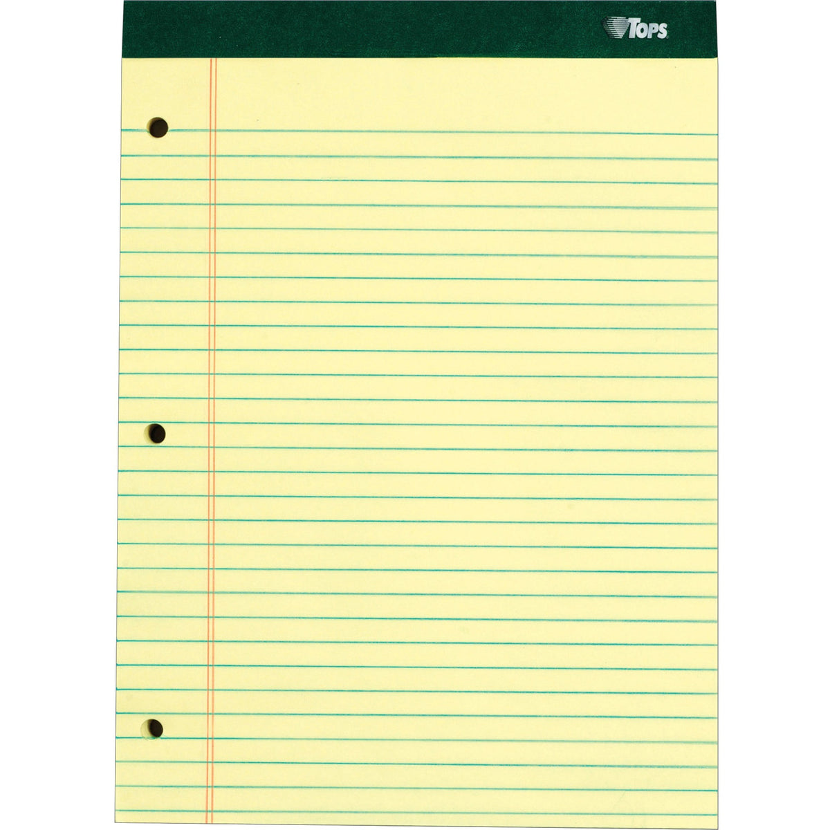 TOPS Perforated 3 Hole Punched Ruled Docket Legal Pads - 100 Sheets - Double Stitched - 0.34" Ruled - 16 lb Basis Weight - 8 1/2" x 11 3/4" Sheet Size - Canary Paper - Marble Green Binding - Perforated, Hard Cover, Resist Bleed-through - 6 / Pack