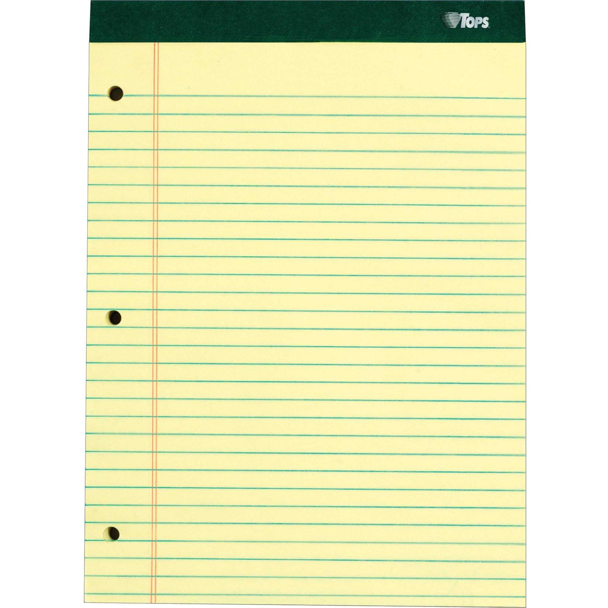TOPS Perforated 3 Hole Punched Ruled Docket Legal Pads - 100 Sheets - Double Stitched - 0.34" Ruled - 16 lb Basis Weight - 8 1/2" x 11 3/4" Sheet Size - Canary Paper - Marble Green Binding - Perforated, Hard Cover, Resist Bleed-through - 6 / Pack
