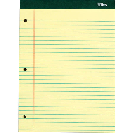 TOPS Perforated 3 Hole Punched Ruled Docket Legal Pads - 100 Sheets - Double Stitched - 0.34" Ruled - 16 lb Basis Weight - 8 1/2" x 11 3/4" Sheet Size - Canary Paper - Marble Green Binding - Perforated, Hard Cover, Resist Bleed-through - 6 / Pack