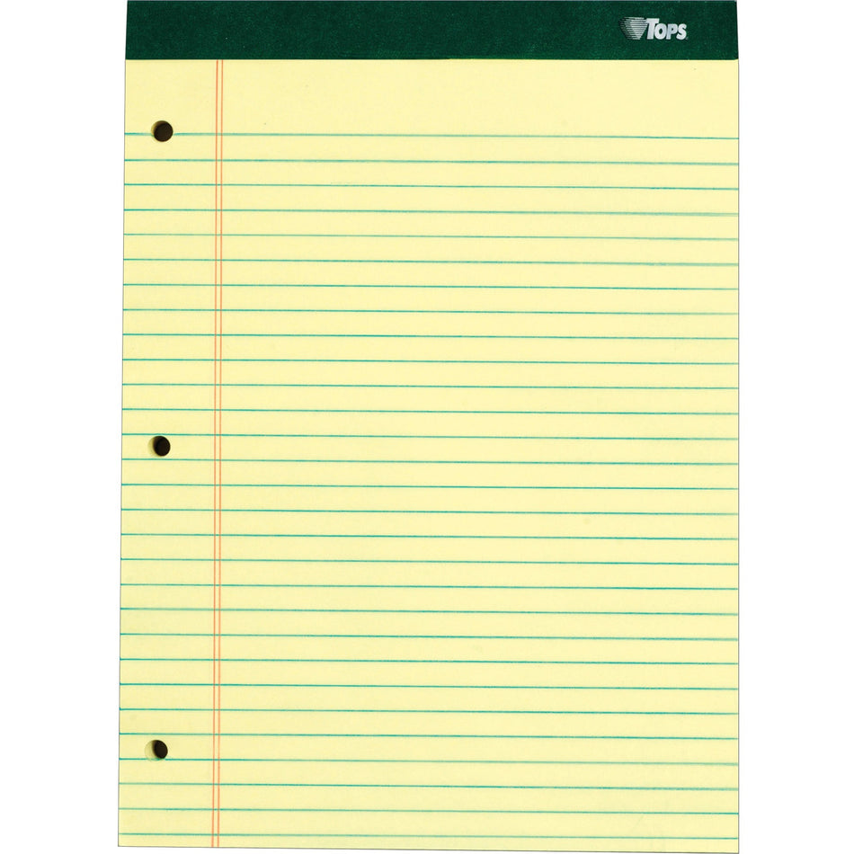 TOPS Perforated 3 Hole Punched Ruled Docket Legal Pads - 100 Sheets - Double Stitched - 0.34" Ruled - 16 lb Basis Weight - 8 1/2" x 11 3/4" Sheet Size - Canary Paper - Marble Green Binding - Perforated, Hard Cover, Resist Bleed-through - 6 / Pack