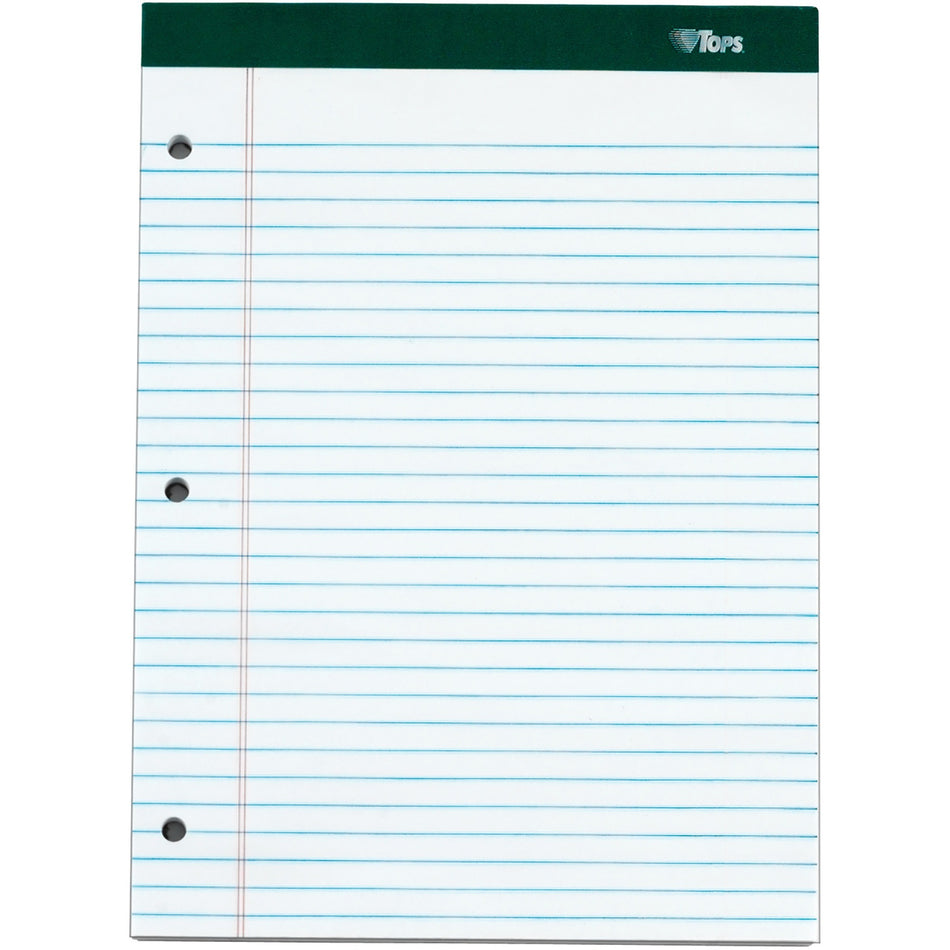 TOPS Docket 3-hole Punched Legal Ruled Legal Pads - 100 Sheets - Double Stitched - 0.34" Ruled - 16 lb Basis Weight - 8 1/2" x 11 3/4" Sheet Size - White Paper - Marble Green Binding - Perforated, Hard Cover, Resist Bleed-through - 6 / Pack