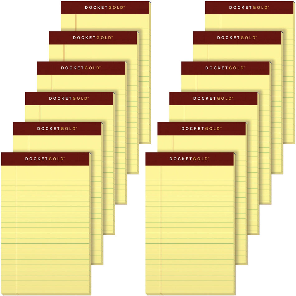 TOPS Docket Gold Jr. Legal Ruled Canary Legal Pads - Jr.Legal - 50 Sheets - 0.28" Ruled - 20 lb Basis Weight - Jr.Legal - 5" x 8" Sheet Size - Canary Paper - Burgundy Binding - Hard Cover, Perforated, Heavyweight - 12 / Pack