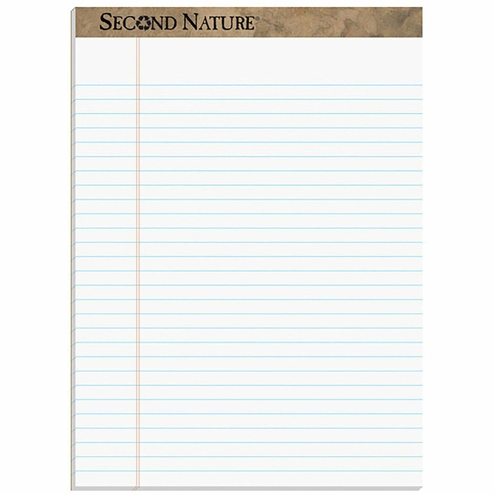 TOPS Second Nature Legal Rule Recycled Writing Pad - 50 Sheets - 0.34" Ruled - Red Margin - 15 lb Basis Weight - 8 1/2" x 11 3/4" Sheet Size - White Paper - Perforated, Resist Bleed-through, Easy Tear - Recycled - 1 Dozen
