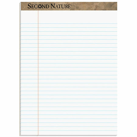 TOPS Second Nature Legal Rule Recycled Writing Pad - 50 Sheets - 0.34" Ruled - Red Margin - 15 lb Basis Weight - 8 1/2" x 11 3/4" Sheet Size - White Paper - Perforated, Resist Bleed-through, Easy Tear - Recycled - 1 Dozen