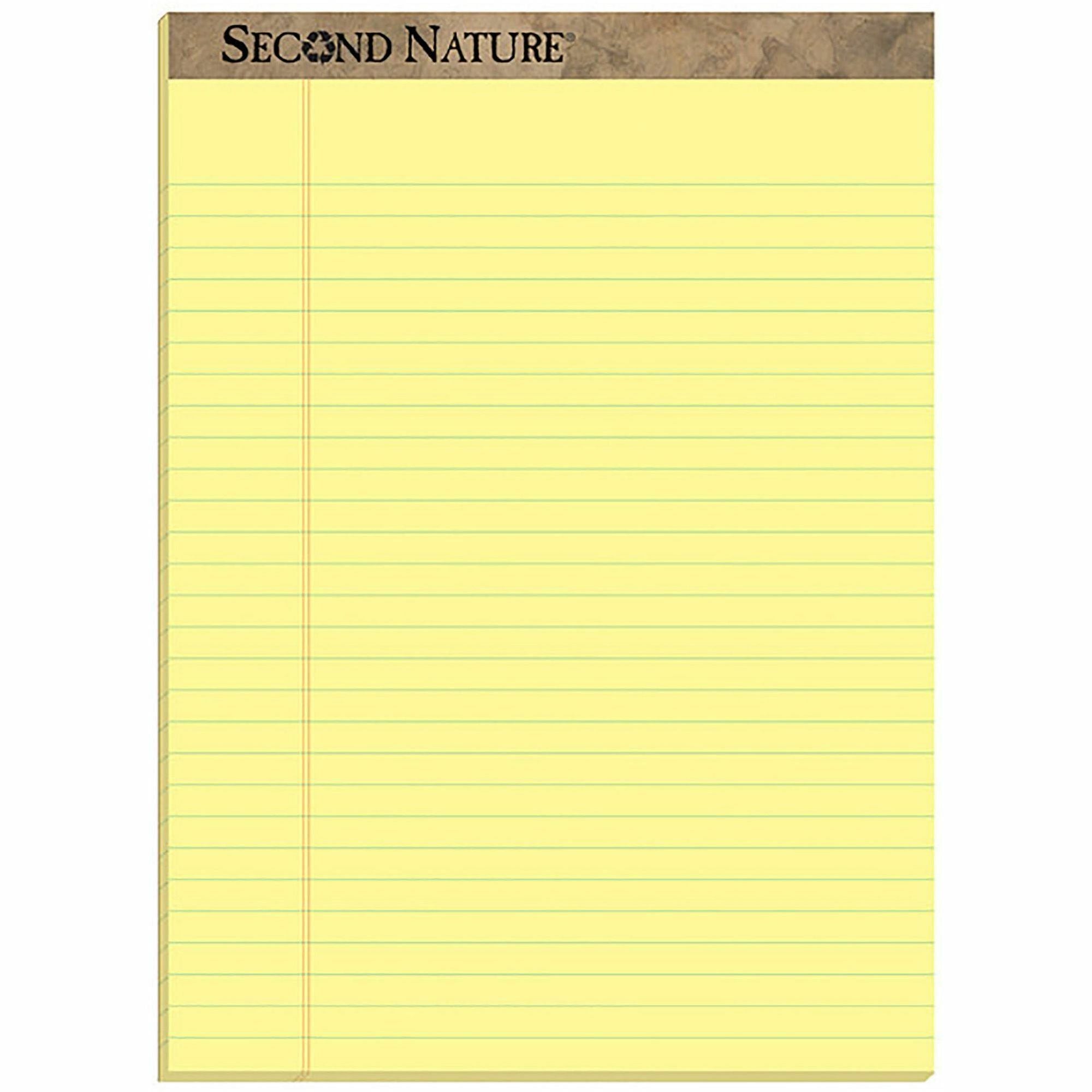 TOPS Second Nature Ruled Canary Writing Pads - 50 Sheets - 0.34" Ruled - Red Margin - 15 lb Basis Weight - 8 1/2" x 11 3/4" Sheet Size - Canary Paper - Perforated, Resist Bleed-through, Easy Tear - Recycled - 1 Dozen