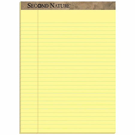 TOPS Second Nature Ruled Canary Writing Pads - 50 Sheets - 0.34" Ruled - Red Margin - 15 lb Basis Weight - 8 1/2" x 11 3/4" Sheet Size - Canary Paper - Perforated, Resist Bleed-through, Easy Tear - Recycled - 1 Dozen