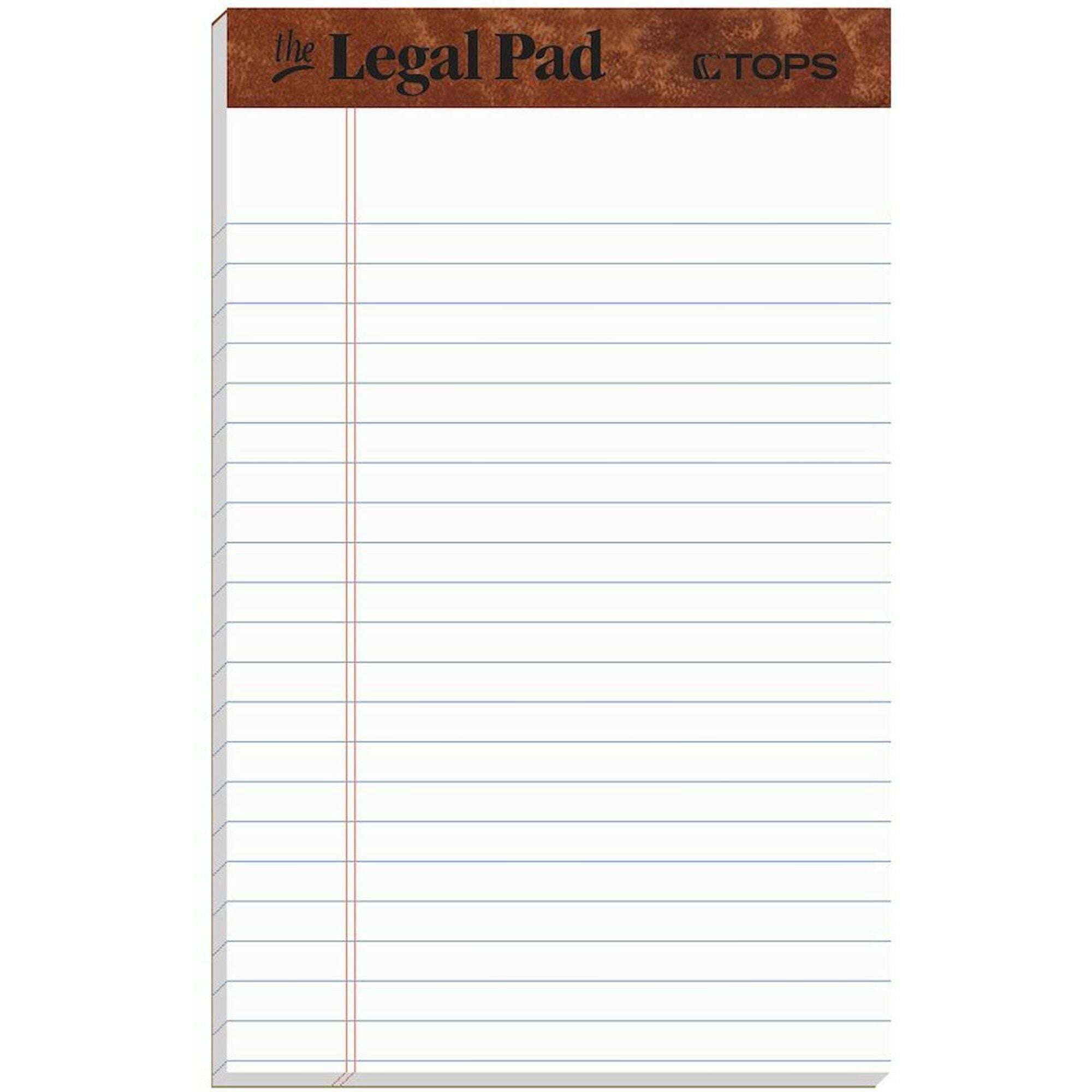 TOPS The Legal Pad Writing Pad - 50 Sheets - Double Stitched - 0.28" Ruled - 16 lb Basis Weight - Jr.Legal - 5" x 8" Sheet Size - White Paper - Chipboard Cover - Perforated, Hard Cover, Removable - 1 Dozen