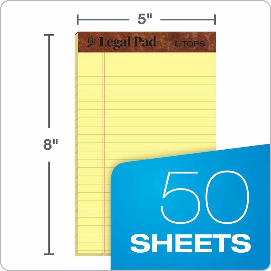 TOPS The Legal Pad Writing Pad - 50 Sheets - Double Stitched - 0.28" Ruled - 16 lb Basis Weight - Jr.Legal - 5" x 8" Sheet Size - Canary Paper - Chipboard Cover - Perforated, Hard Cover, Removable - 1 Dozen