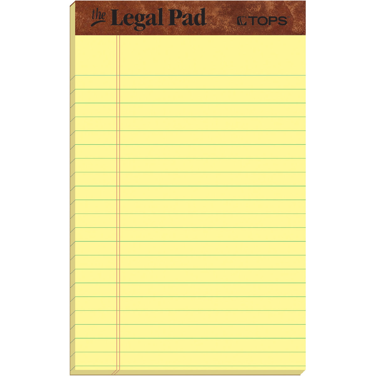 TOPS The Legal Pad Writing Pad - 50 Sheets - Double Stitched - 0.28" Ruled - 16 lb Basis Weight - Jr.Legal - 5" x 8" Sheet Size - Canary Paper - Chipboard Cover - Perforated, Hard Cover, Removable - 1 Dozen