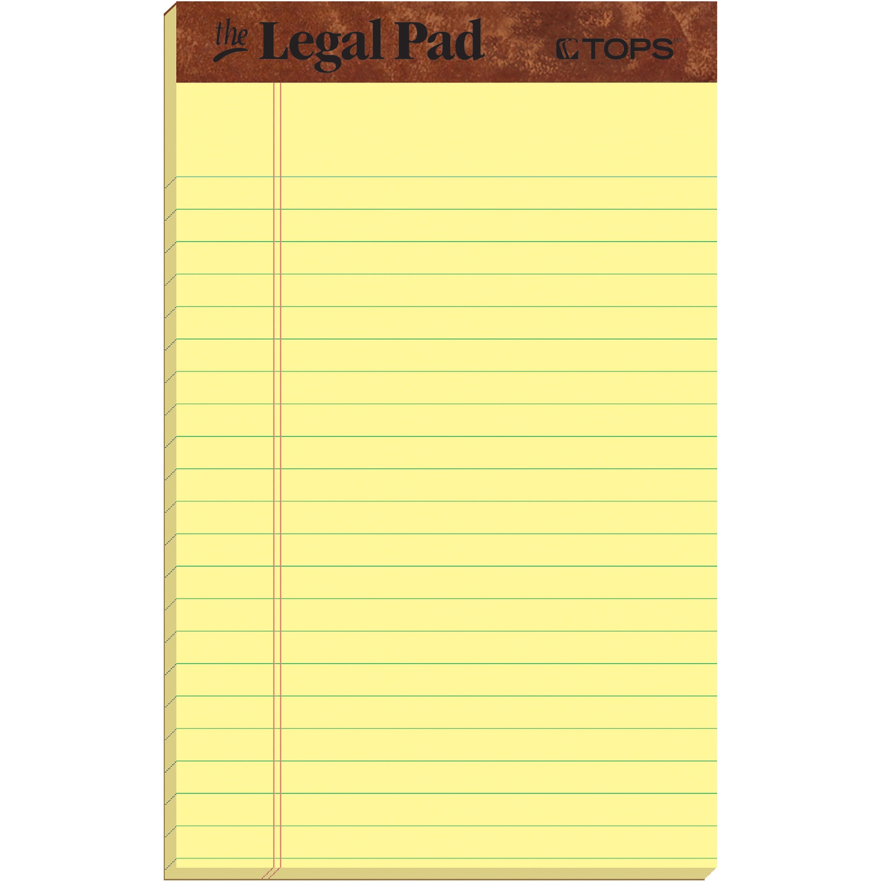 TOPS The Legal Pad Writing Pad - 50 Sheets - Double Stitched - 0.28" Ruled - 16 lb Basis Weight - Jr.Legal - 5" x 8" Sheet Size - Canary Paper - Chipboard Cover - Perforated, Hard Cover, Removable - 1 Dozen