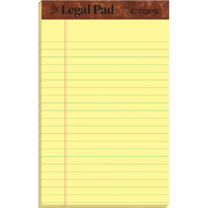 TOPS The Legal Pad Writing Pad - 50 Sheets - Double Stitched - 0.28" Ruled - 16 lb Basis Weight - Jr.Legal - 5" x 8" Sheet Size - Canary Paper - Chipboard Cover - Perforated, Hard Cover, Removable - 1 Dozen