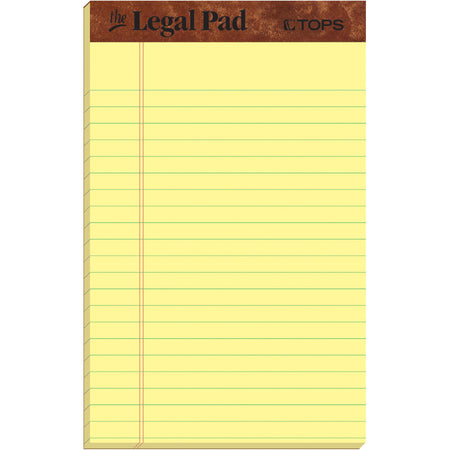 TOPS The Legal Pad Writing Pad - 50 Sheets - Double Stitched - 0.28" Ruled - 16 lb Basis Weight - Jr.Legal - 5" x 8" Sheet Size - Canary Paper - Chipboard Cover - Perforated, Hard Cover, Removable - 1 Dozen