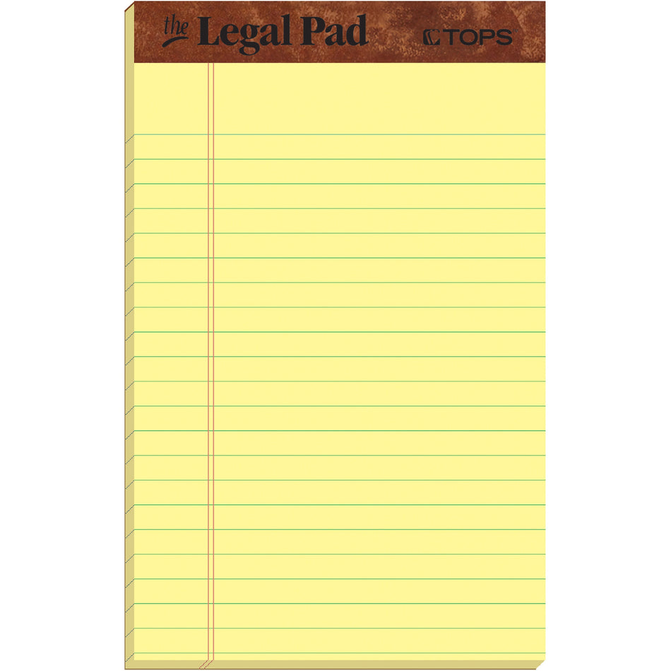 TOPS The Legal Pad Writing Pad - 50 Sheets - Double Stitched - 0.28" Ruled - 16 lb Basis Weight - Jr.Legal - 5" x 8" Sheet Size - Canary Paper - Chipboard Cover - Perforated, Hard Cover, Removable - 1 Dozen