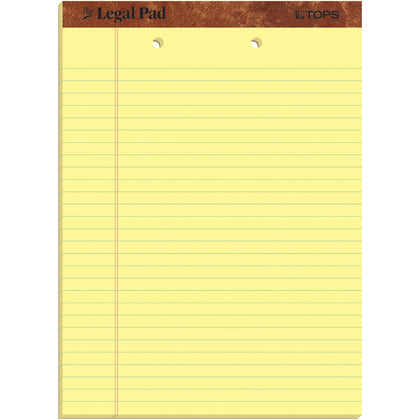 TOPS 2-Hole Top Punched Legal Pad - 50 Sheets - Double Stitched - 0.34" Ruled - 16 lb Basis Weight - 8 1/2" x 11 3/4" Sheet Size - Canary Paper - Perforated, Punched, Hard Cover, Heavyweight - 1 Dozen