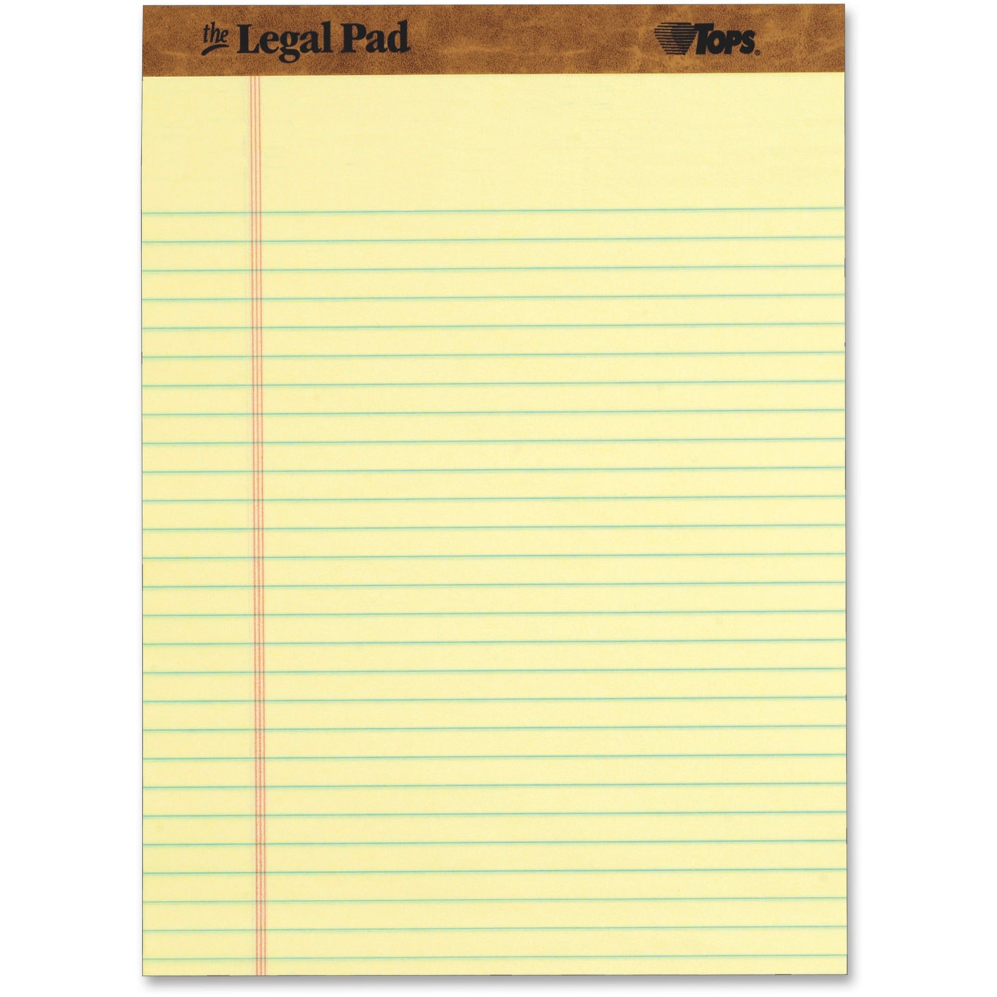 TOPS Letr-trim Perforated Legal Pads - 50 Sheets - Double Stitched - 0.34" Ruled - 16 lb Basis Weight - 8 1/2" x 11 3/4" Sheet Size - Canary Paper - Perforated, Hard Cover - 1 Dozen