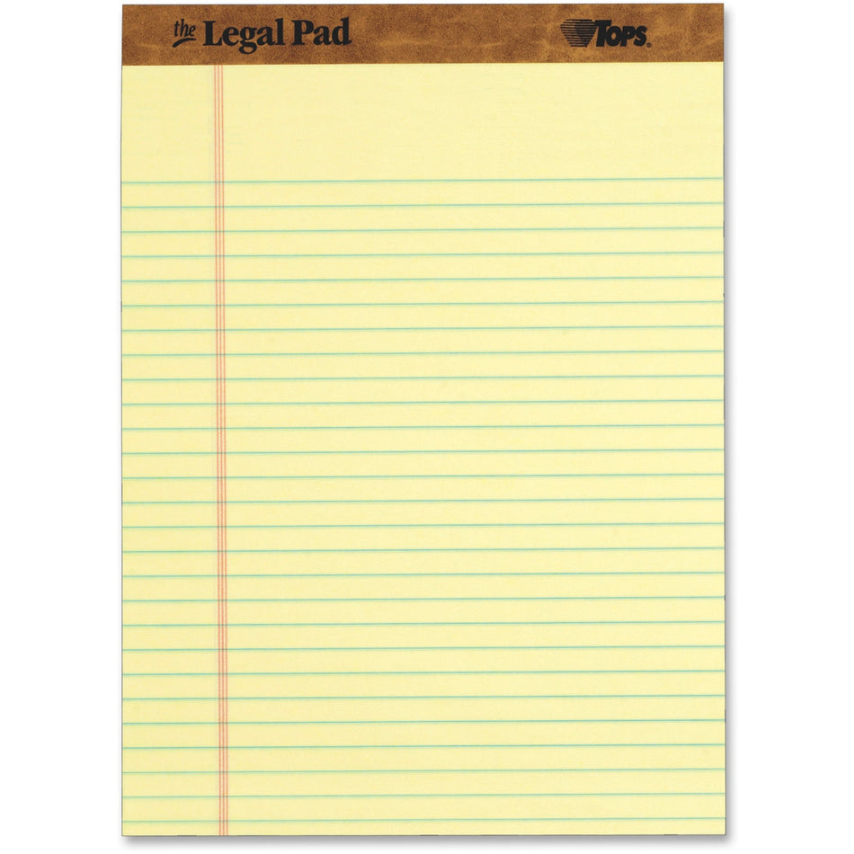 TOPS Letr-trim Perforated Legal Pads - 50 Sheets - Double Stitched - 0.34" Ruled - 16 lb Basis Weight - 8 1/2" x 11 3/4" Sheet Size - Canary Paper - Perforated, Hard Cover - 1 Dozen
