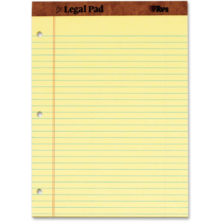 TOPS The Legal Pad Writing Pad - 50 Sheets - Double Stitched - 0.34" Ruled - 16 lb Basis Weight - 8 1/2" x 11 3/4" Sheet Size - Canary Paper - Perforated, Punched, Hard Cover - 1 Dozen