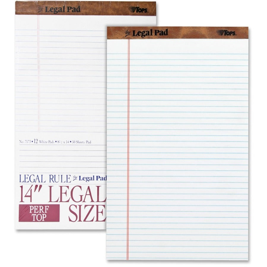 TOPS The Legal Pad Writing Pad - 50 Sheets - Double Stitched - 0.34" Ruled - 16 lb Basis Weight - Legal - 8 1/2" x 14" Sheet Size - White Paper - Chipboard Cover - Perforated, Hard Cover, Removable - 1 Dozen