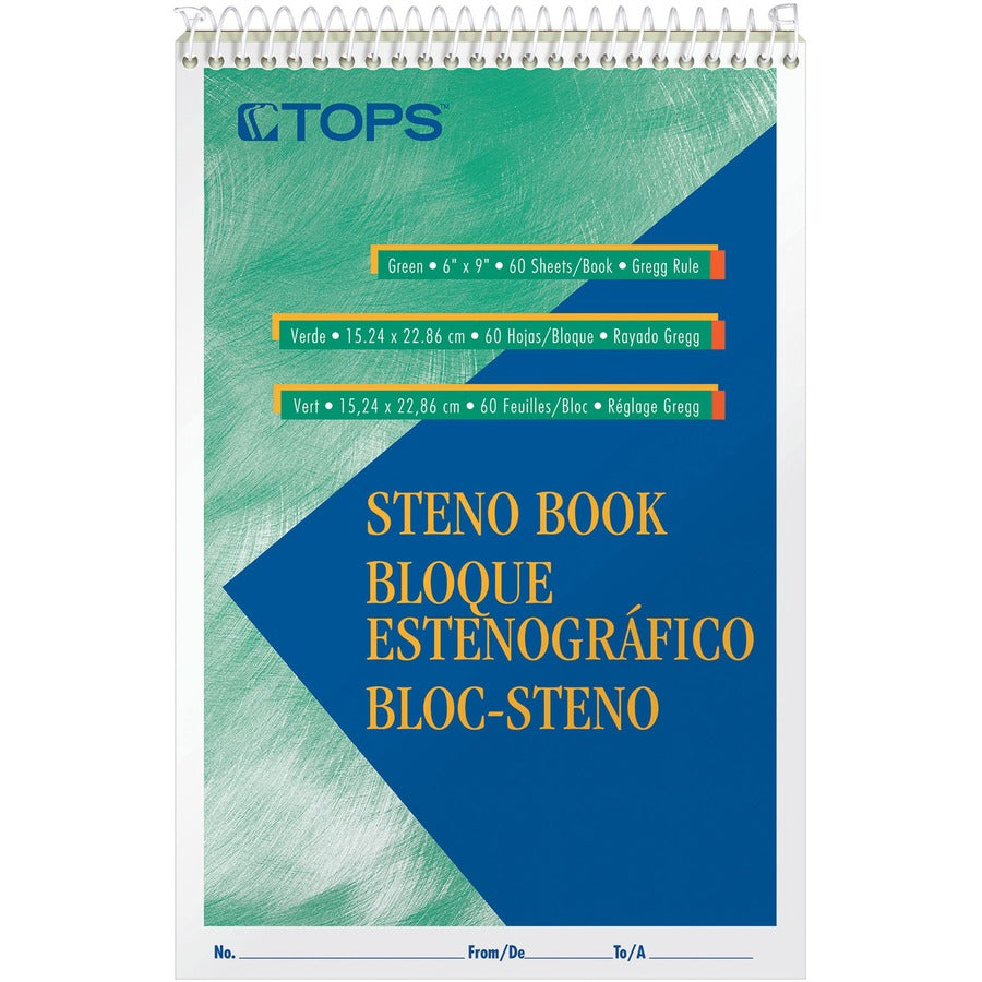 TOPS Green Tint Steno Books - 60 Sheets - Wire Bound - Ruled Margin - 6" x 9" Sheet Size - Green Paper - Hardboard Cover - WireLock - 12 / Pack