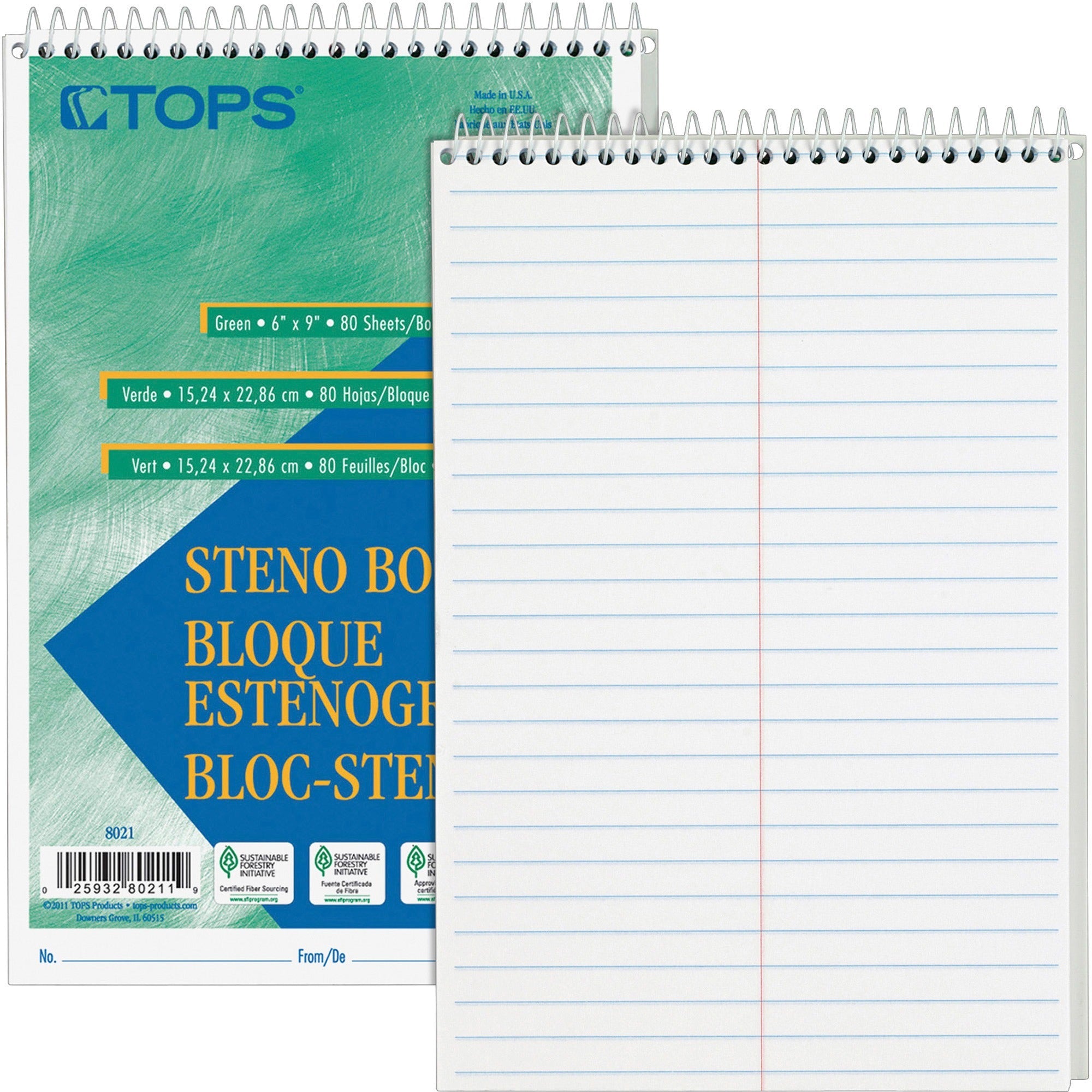 TOPS Steno Books - 80 Sheets - Wire Bound - Gregg Ruled Margin - 6" x 9" Sheet Size - White Paper - Hardboard Cover - WireLock - 12 / Pack