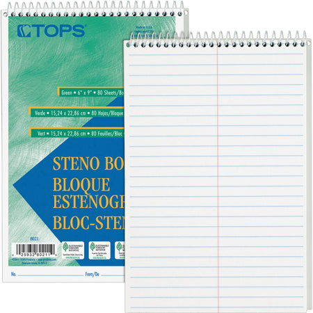 TOPS Steno Books - 80 Sheets - Wire Bound - Gregg Ruled Margin - 6" x 9" Sheet Size - White Paper - Hardboard Cover - WireLock - 12 / Pack