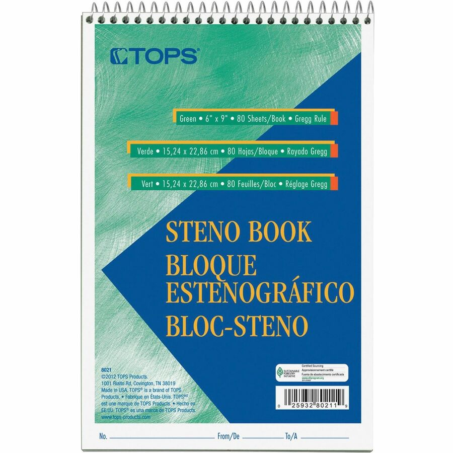 TOPS Steno Book - 80 Sheets - Wire Bound - Gregg Ruled Margin - 6" x 9" Sheet Size - Green Tint Paper - Snag Resistant, Acid-free, Heavyweight - 1 Each