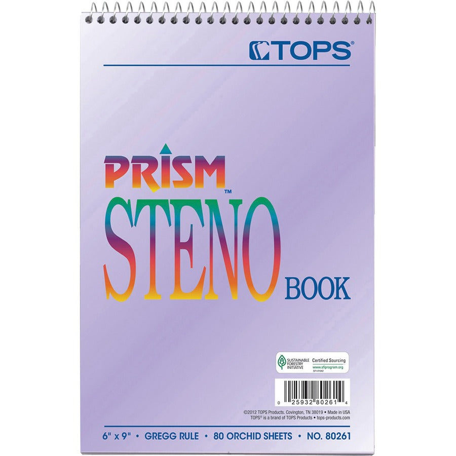 TOPS Prism Steno Books - 80 Sheets - Wire Bound - Gregg Ruled Margin - 6" x 9" Sheet Size - Orchid Paper - Perforated, Stiff-back, WireLock - 4 / Pack