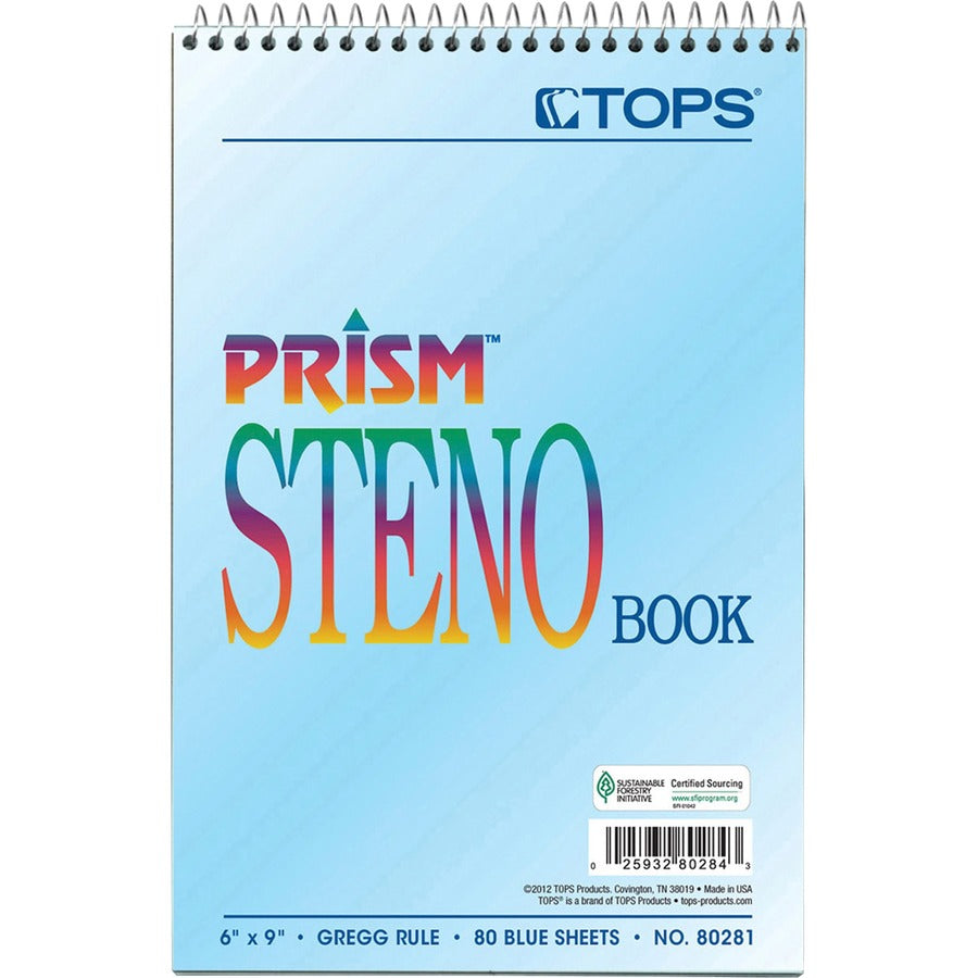 TOPS Prism Steno Books - 80 Sheets - Wire Bound - Gregg Ruled Margin - 6" x 9" Sheet Size - Blue Paper - Perforated, Stiff-back, WireLock - 4 / Pack