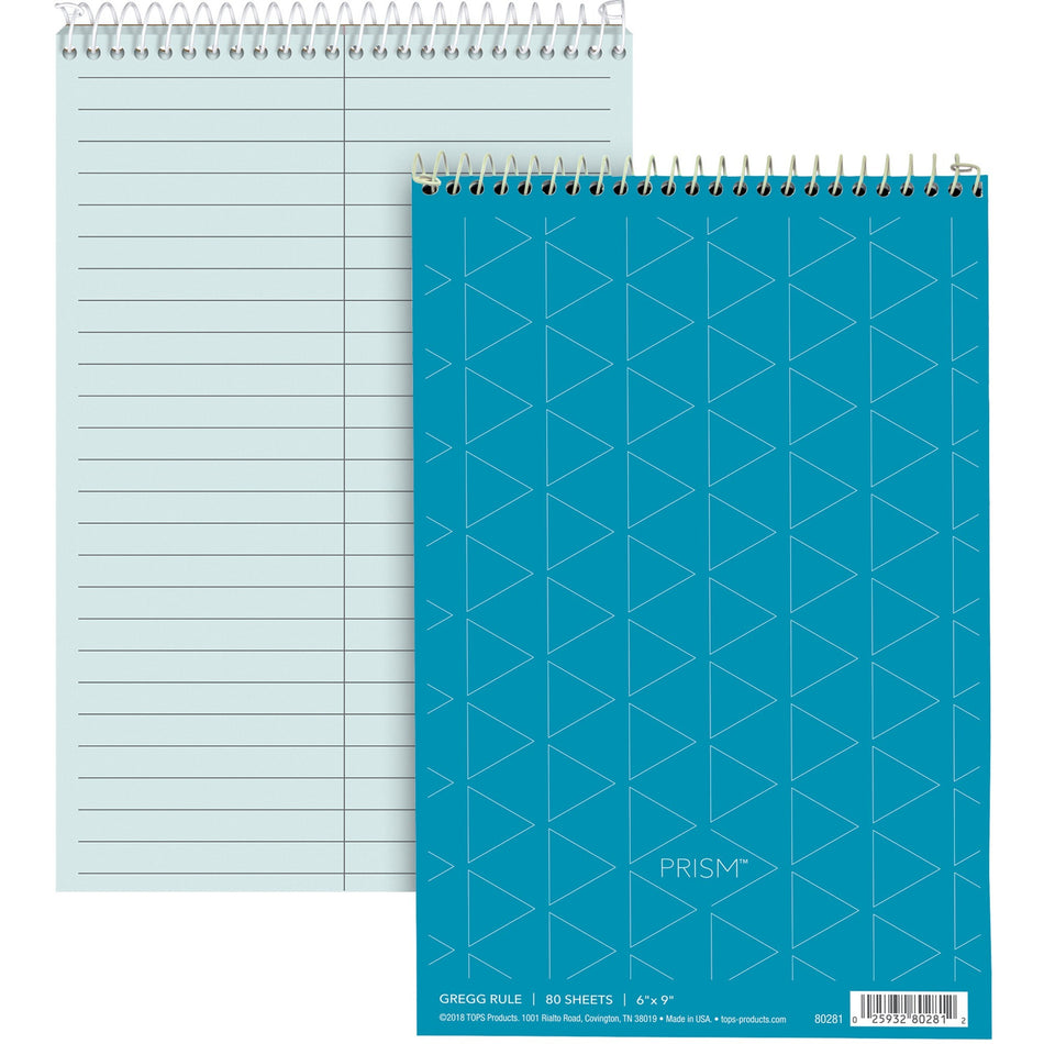 TOPS Prism Steno Books - 80 Sheets - Wire Bound - Gregg Ruled Margin - 6" x 9" Sheet Size - Blue Paper - Perforated, Stiff-back, WireLock - 4 / Pack