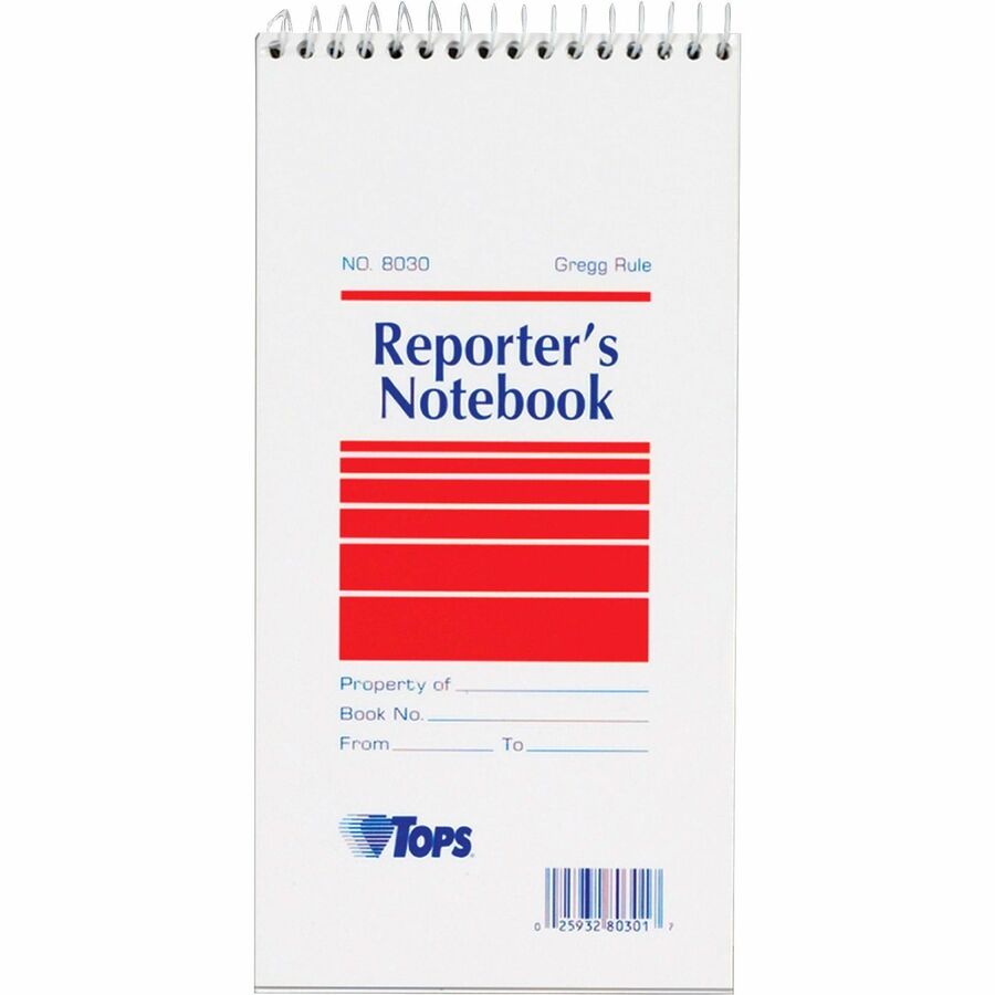 TOPS Reporter's Notebooks - 70 Sheets - Spiral - Gregg Ruled Margin - 4" x 8" Sheet Size - White Paper - Pocket - 12 / Pack
