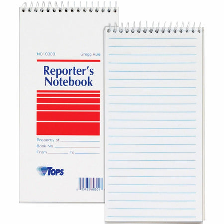 TOPS Reporter's Notebooks - 70 Sheets - Spiral - Gregg Ruled Margin - 4" x 8" Sheet Size - White Paper - Pocket - 12 / Pack