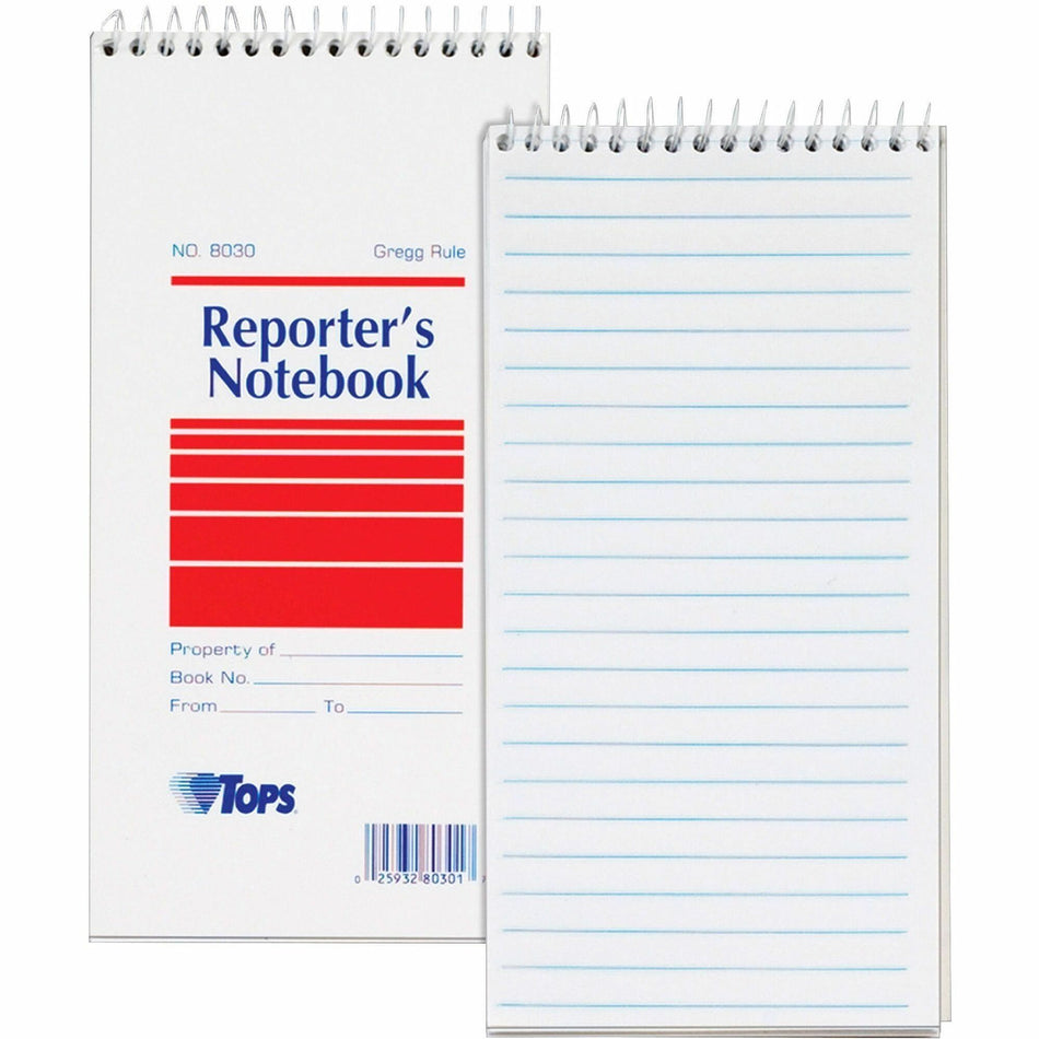 TOPS Reporter's Notebooks - 70 Sheets - Spiral - Gregg Ruled Margin - 4" x 8" Sheet Size - White Paper - Pocket - 12 / Pack