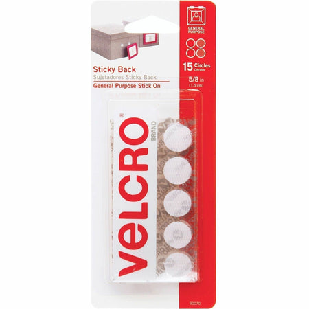 VELCRO®  Sticky Back 5/8in Circles White 15 Ct - 0.62" Length x 0.62" Width - White - For Glass, Plastic, Metal, Smooth Surface, Indoor, Outdoor, Home, Office, School - 15 / Pack