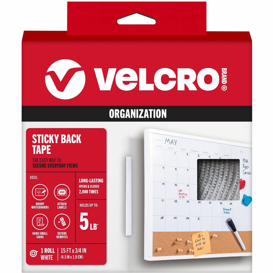 VELCRO®  Sticky Back 15ft x 3/4in Roll White - 15 ft Length x 0.75" Width - White - For Mount Picture/Poster, Multi Surface, Smooth Surface, Indoor, Outdoor, Home, School, Office - 1 Roll