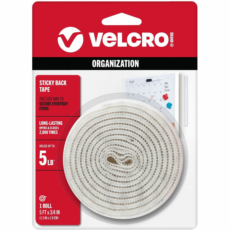 VELCRO®  Sticky Back 5ft x 3/4in Roll White - 5 ft Length x 0.75" Width - White - Dispenser Included - For Mounting, Multi Surface, Smooth Surface, Glass, Metal, Indoor, Outdoor, Home, School, Office Roll - 1 Roll
