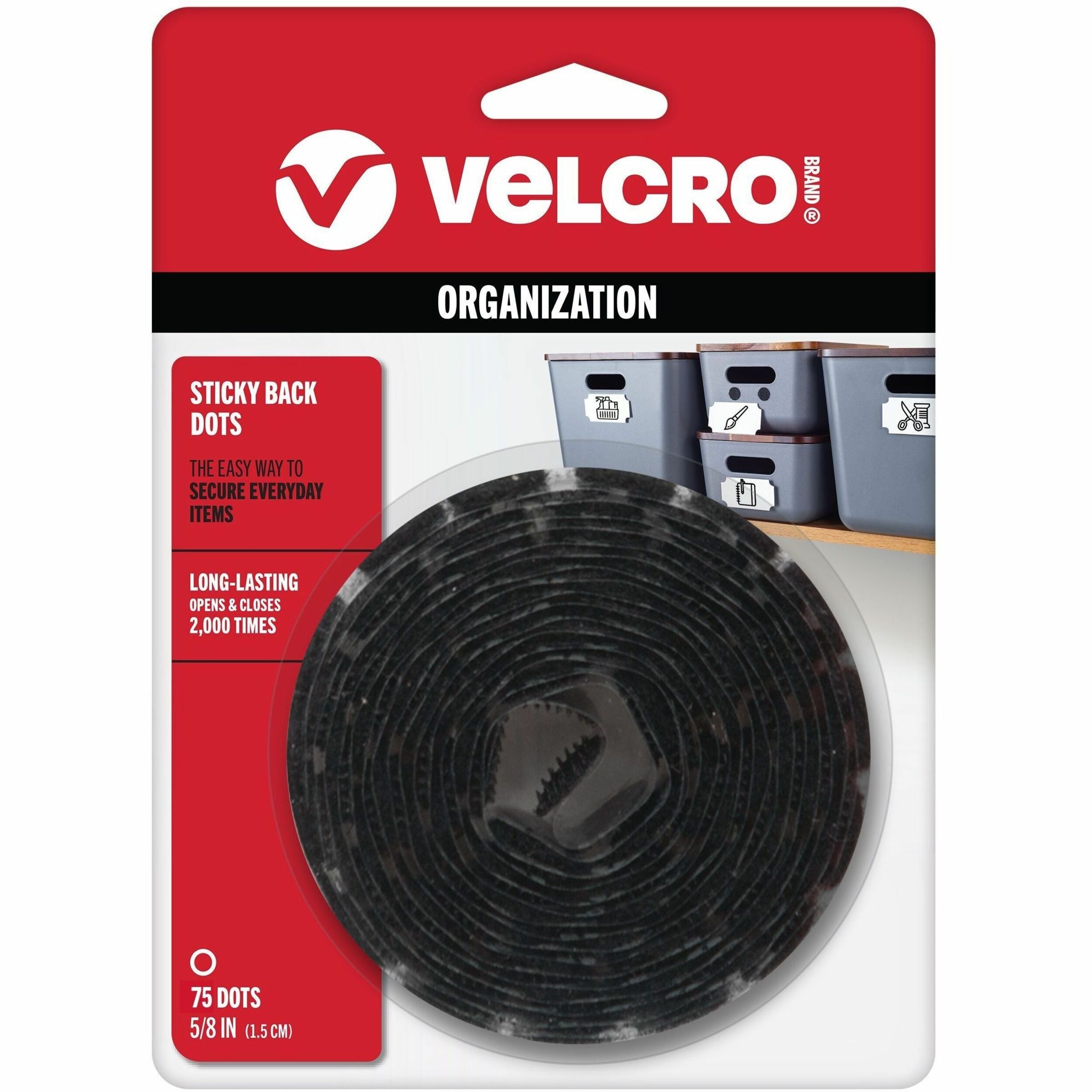 VELCRO®  Sticky Back 5/8in Circles Black 75 ct - 0.62" Diameter - Black - For Mounting, Multi Surface, Smooth Surface, Hanging, Indoor, Outdoor, Metal, Glass - 50 / Pack