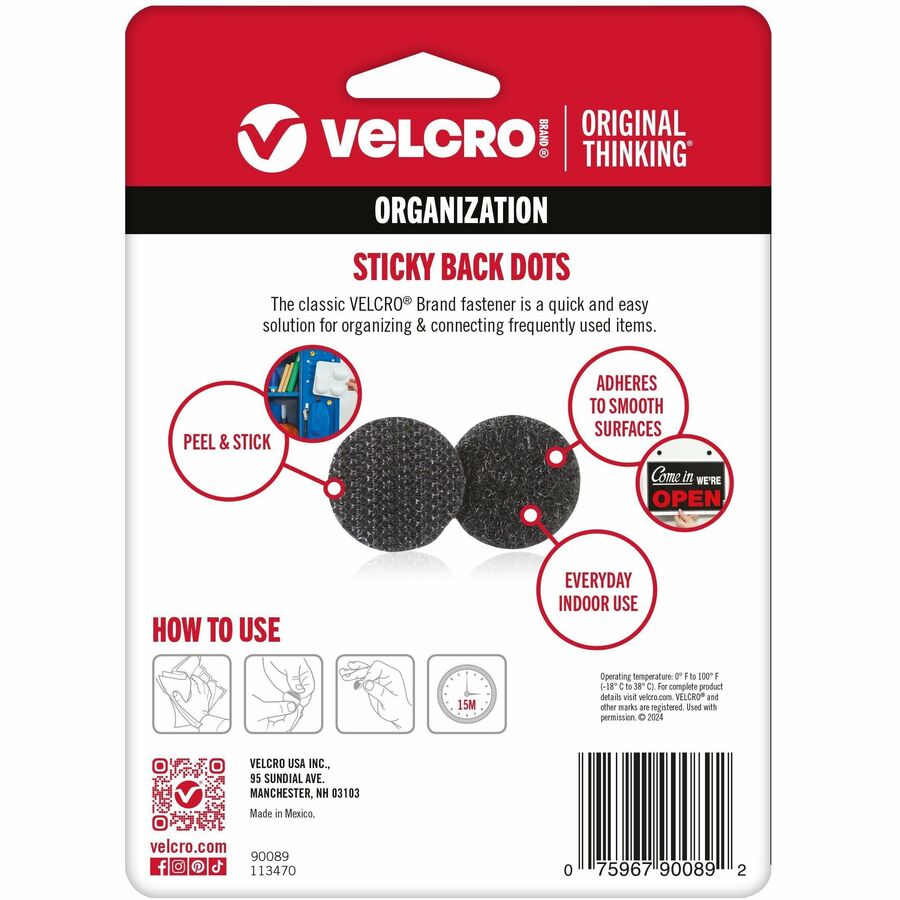 VELCRO®  Sticky Back 5/8in Circles Black 75 ct - 0.62" Diameter - Black - For Mounting, Multi Surface, Smooth Surface, Hanging, Indoor, Outdoor, Metal, Glass - 50 / Pack