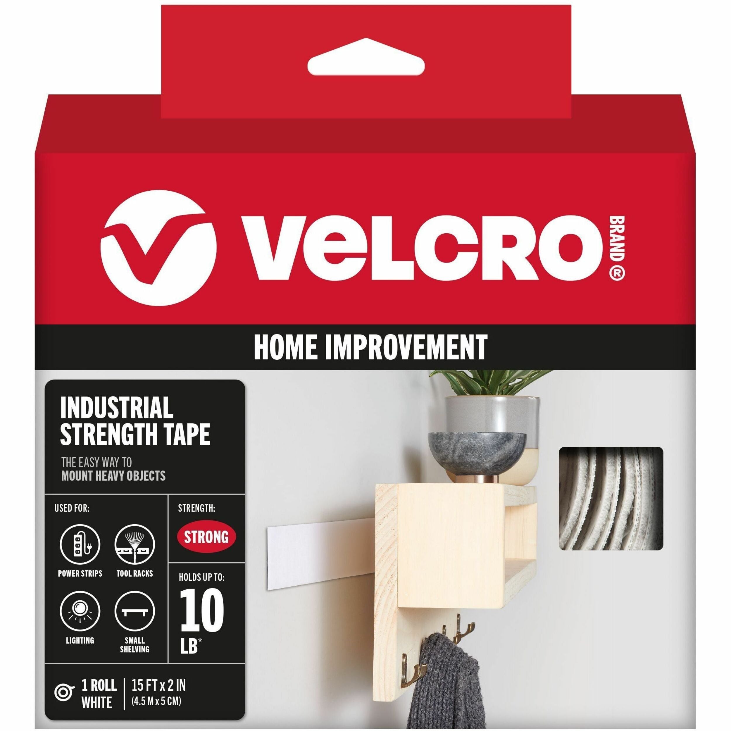 VELCRO®  Industrial Strength 15ft x 2in Roll White - 15 ft Length x 2" Width - White - Water Resistant, Long Lasting - For Tools, Equipment, Glass, Hanging, Project, Industrial, Garage, Indoor, Outdoor, Mounting, Storing, ... Roll - 1 Roll