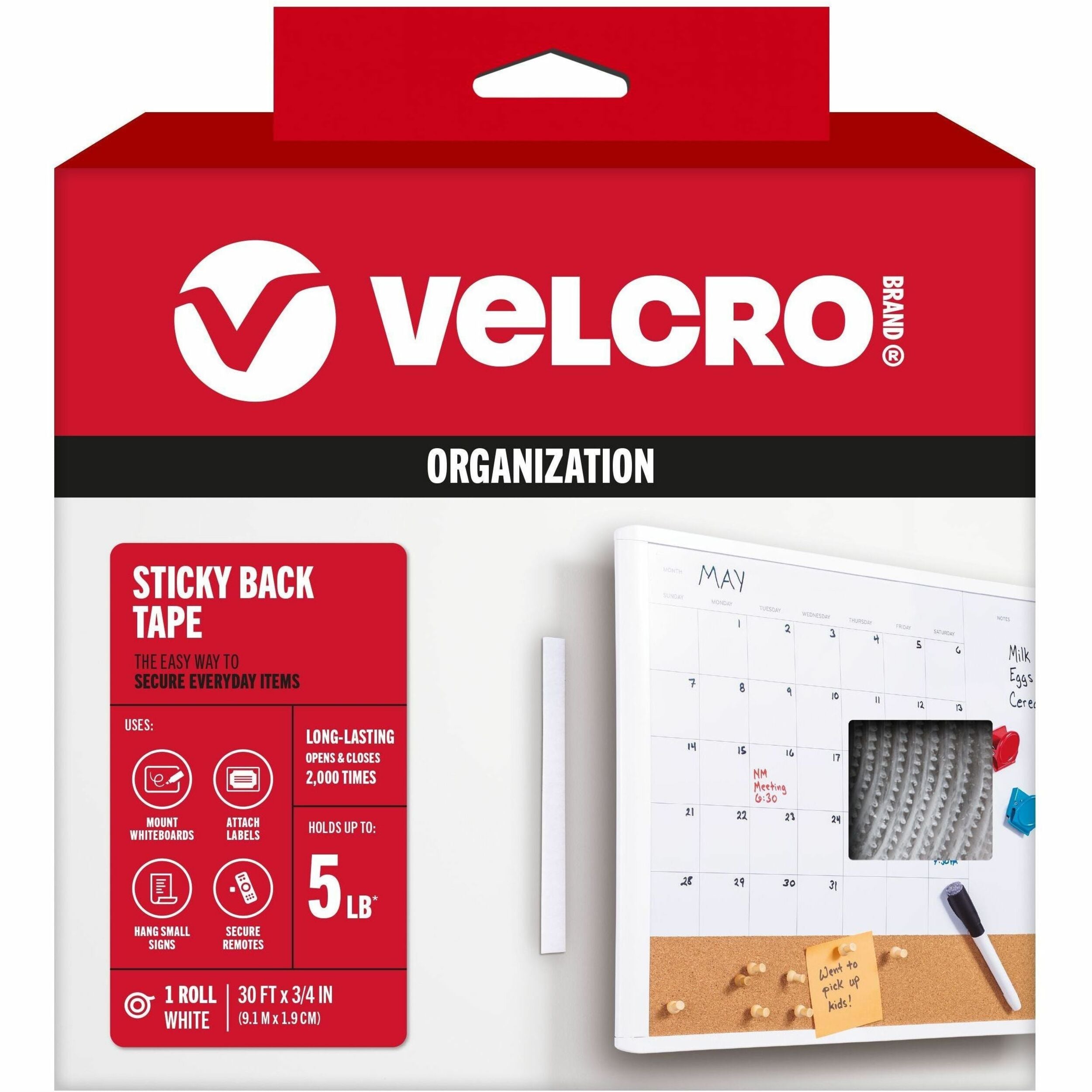 VELCRO®  Sticky Back 30ft x 3/4in Roll White - 10 yd Length x 0.75" Width - White - For Mount Picture/Poster, Multi Surface, Home, School, Office, Hanging Roll - 1 Roll