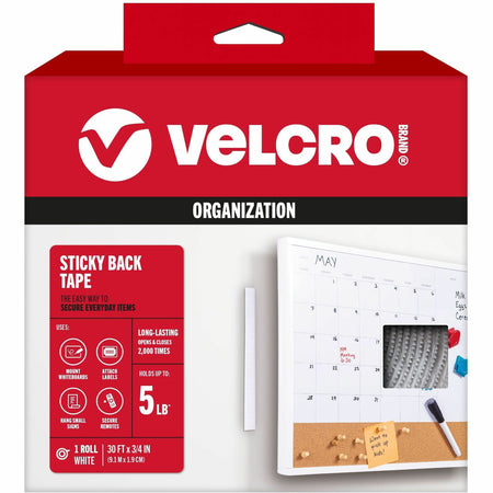 VELCRO®  Sticky Back 30ft x 3/4in Roll White - 10 yd Length x 0.75" Width - White - For Mount Picture/Poster, Multi Surface, Home, School, Office, Hanging Roll - 1 Roll