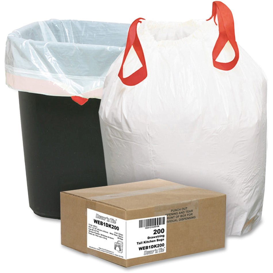 Berry 13 Gallon Drawstring Trash Bags - Small Size - 13 gal Capacity - 27.38" Length x 24.50" Width x 0.90 mil (23 Micron) Thickness - White - Resin - 200 / Carton