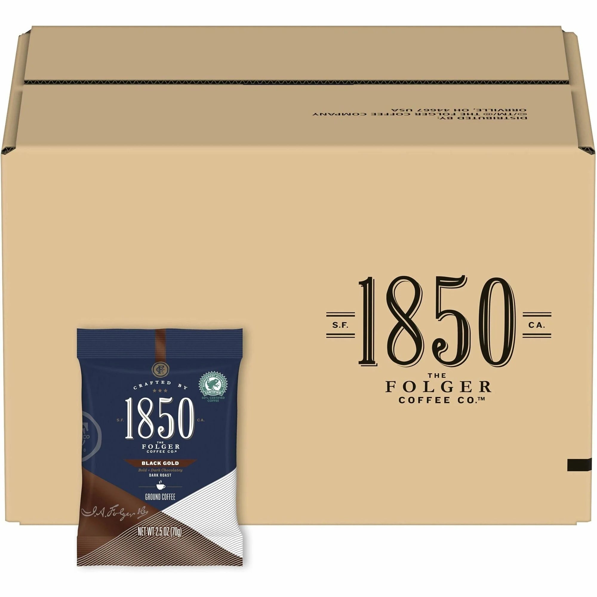 1850 Black Gold Coffee: Bold Dark Roast - 2.5 oz Pack - 24/Carton - Coffee
