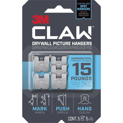 3M CLAW Drywall Picture Hanger: 15 lb Capacity - Gray - 5/Pack - Mounting Tape & Putty