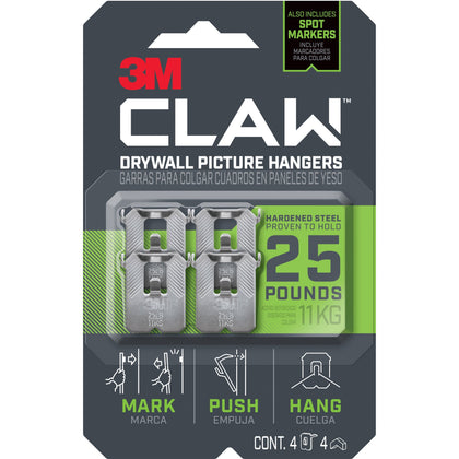 3M CLAW Drywall Picture Hanger: 25 lb Capacity for Pictures Mirrors Art - 4 Pack - Mounting Tape & Putty